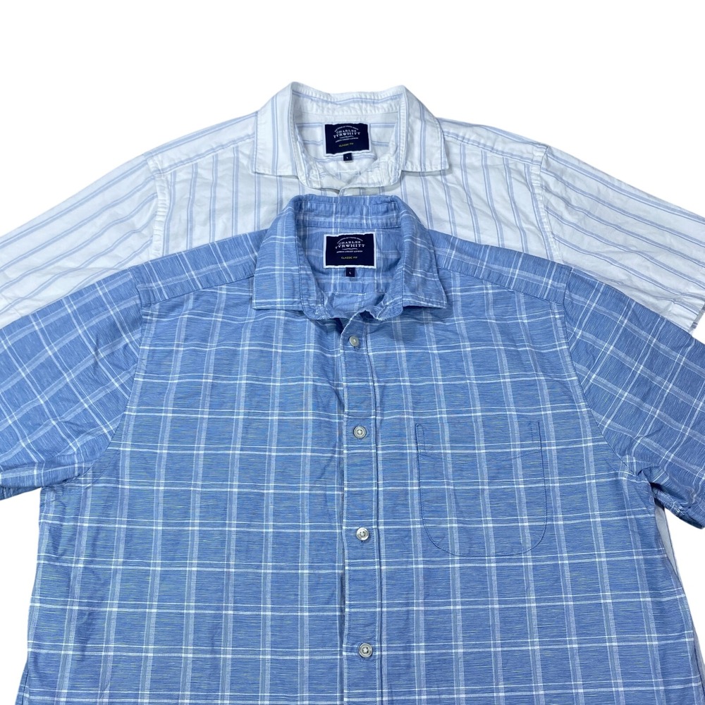 Charles Tyrwhitt Shirt Men Large Plaid Stripe Cotton Linen Short Sleeve Lot Of 2